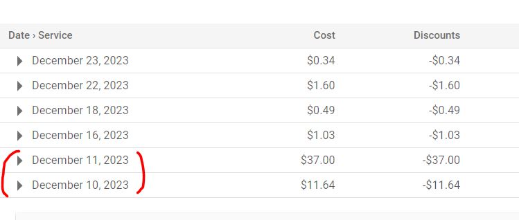 Image 2: Resulting bill - the highlighted costs are from running version 1 of the scraper