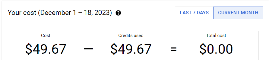 Image 4: Cloud console bill after scraping 23,211 pics of 2,049 locations (this is in Canadian dollars). Using the Static API, this would have been around 4 times higher.